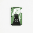 Rear view of green RFID metal wallet with distressed American flag and Fraxure clip engraving