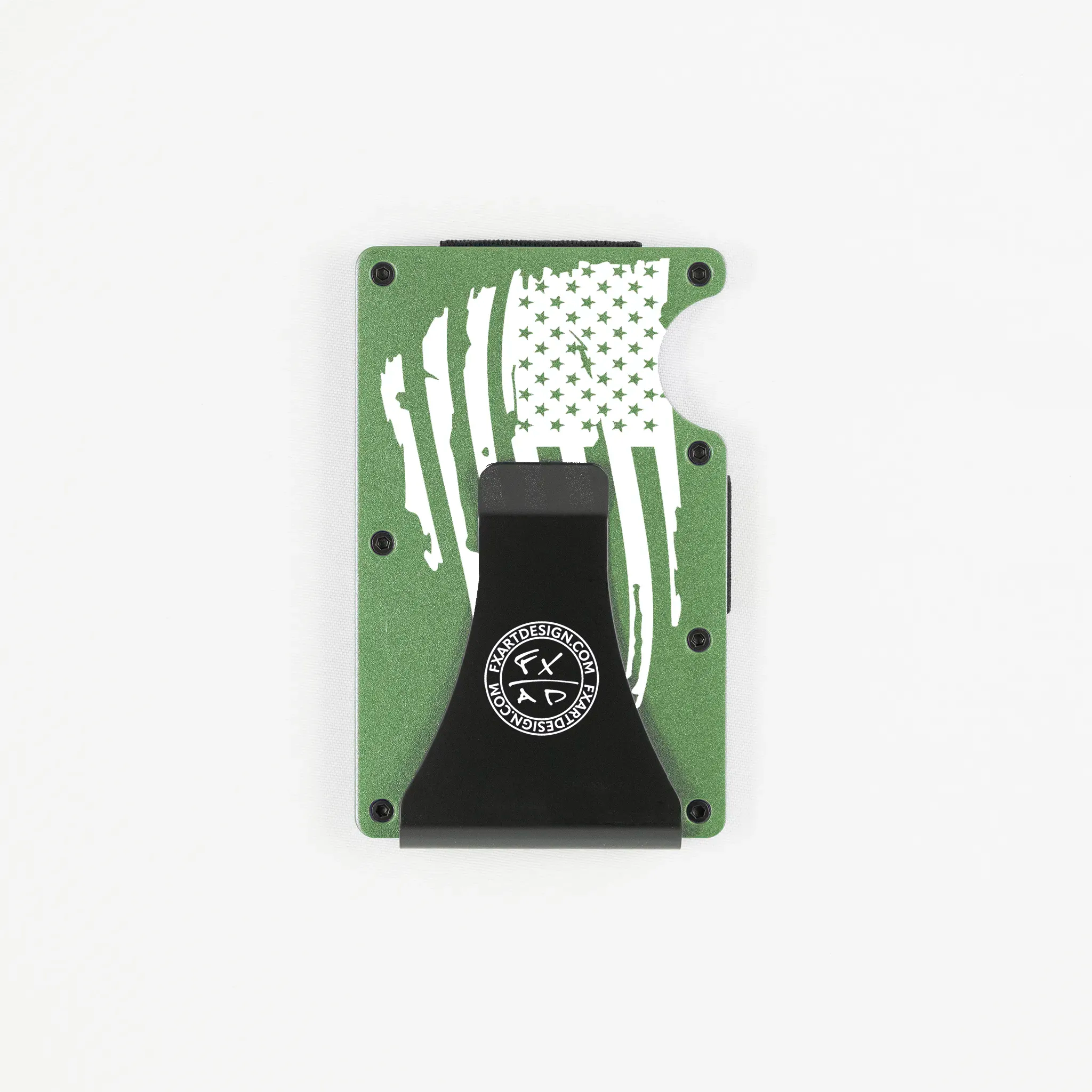 Rear view of green RFID metal wallet with distressed American flag and Fraxure clip engraving