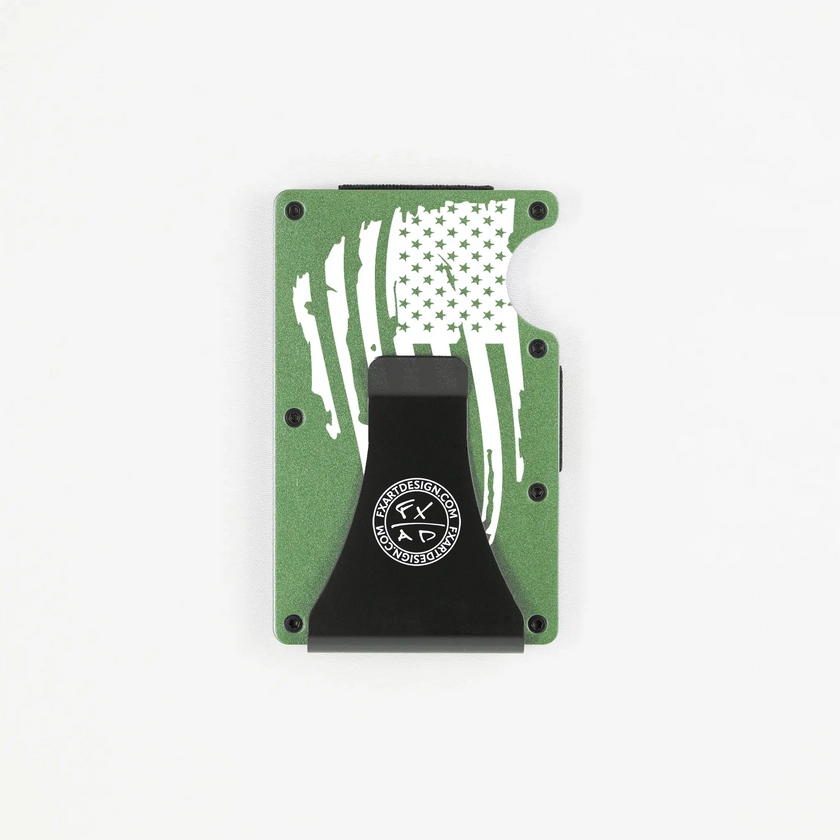 Rear view of green RFID metal wallet with distressed American flag and Fraxure clip engraving