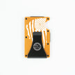 Rear view of orange RFID metal wallet with distressed American flag and Fraxure clip engraving