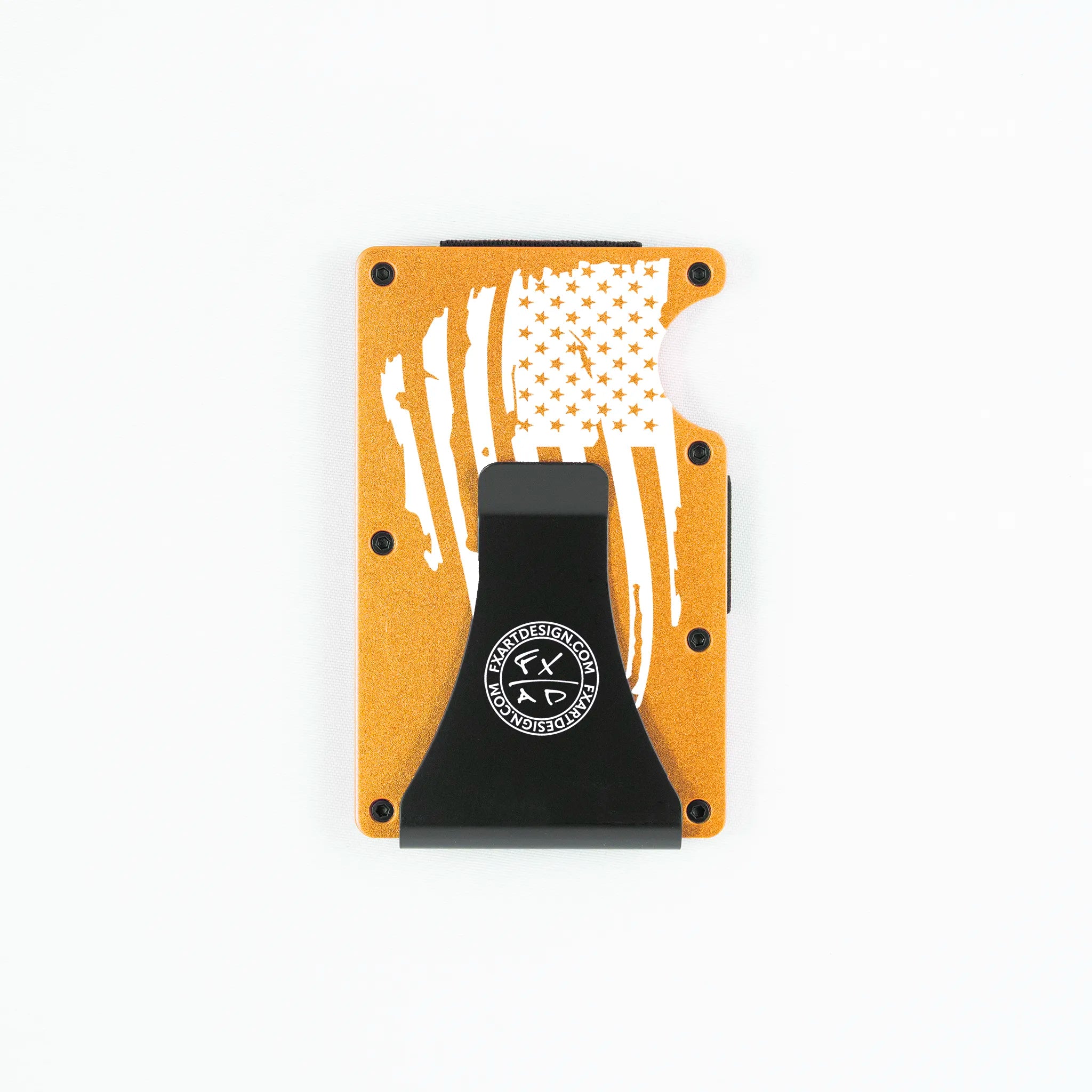 Rear view of orange RFID metal wallet with distressed American flag and Fraxure clip engraving