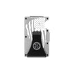 Rear view of silver RFID metal wallet with distressed American flag and Fraxure clip engraving