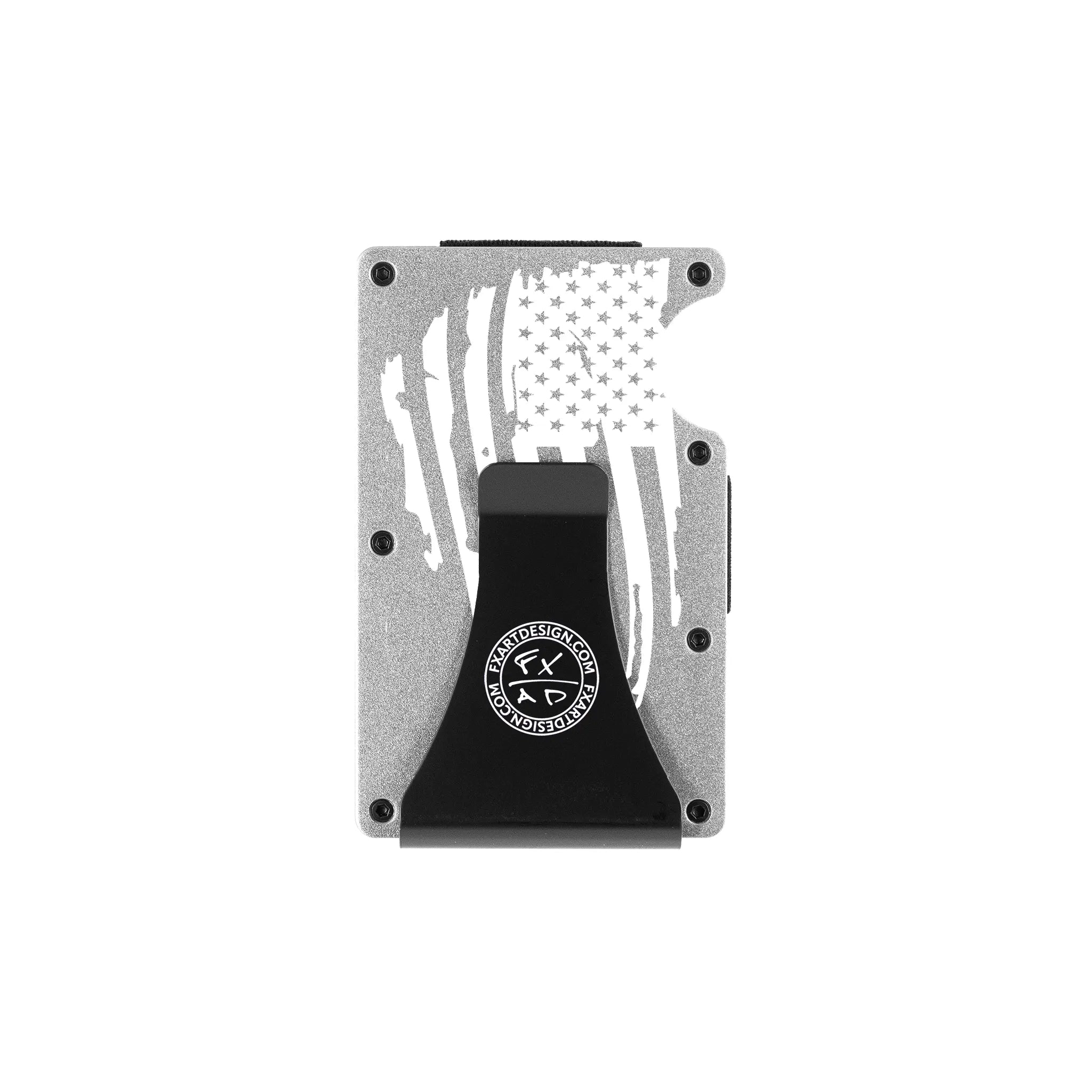 Rear view of silver RFID metal wallet with distressed American flag and Fraxure clip engraving