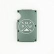 Dark grey aluminum RFID wallet with PNW mountain and crossed arrows engraving