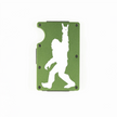 Black aluminum RFID wallet with engraved Bigfoot doing rock on hand gesture