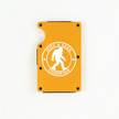 Orange aluminum RFID wallet with engraved Hide and Seek Champion Bigfoot badge