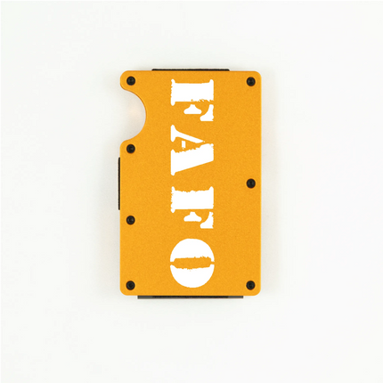 Orange aluminum RFID wallet with bold FAFO stencil engraving on front
