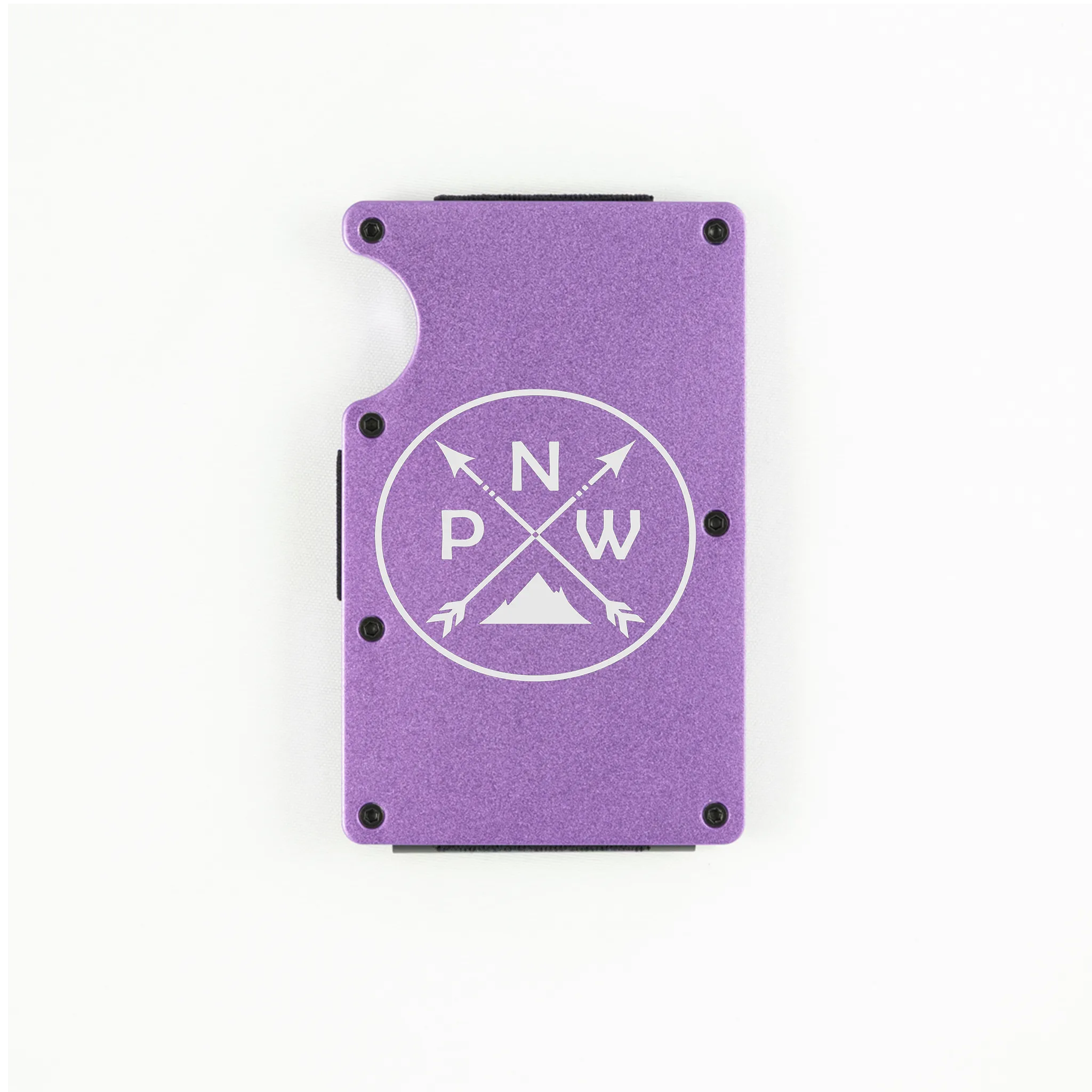 Purple aluminum RFID wallet with PNW mountain and crossed arrows engraving