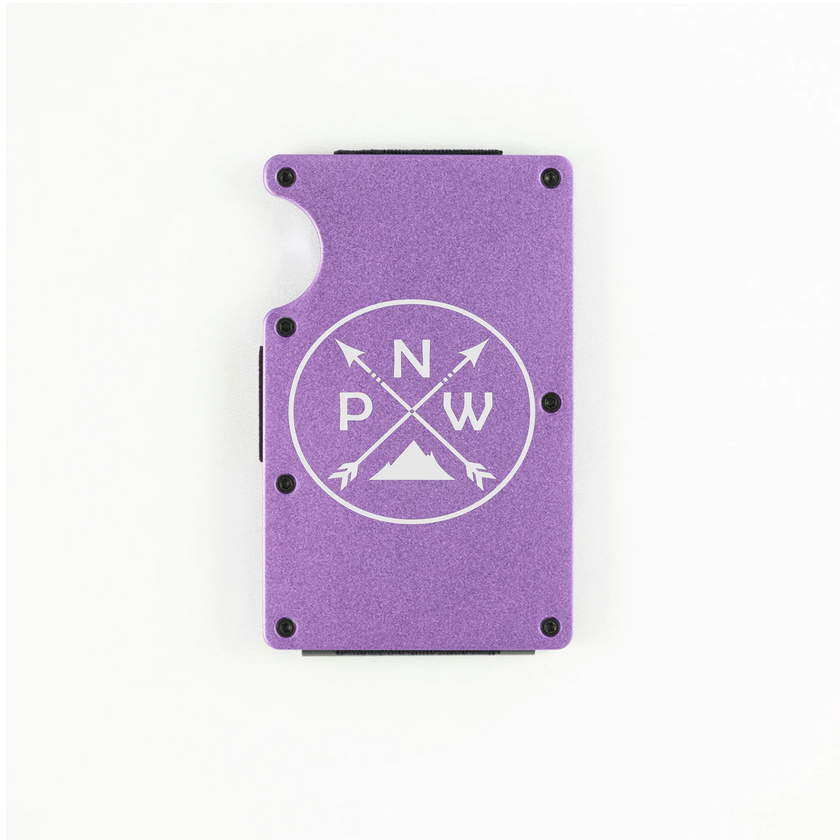 Purple aluminum RFID wallet with PNW mountain and crossed arrows engraving