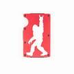 Red aluminum RFID wallet with engraved Bigfoot doing rock on hand gesture