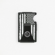 Back view of black metal RFID wallet with distressed American flag engraving and Fraxure Art & Design money clip