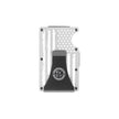 Back view of silver metal RFID wallet with distressed American flag engraving and Fraxure Art & Design money clip
