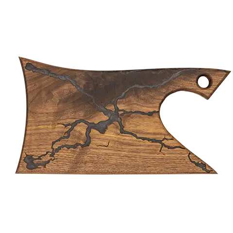 Walnut charcuterie board with an ergonomic handle, inset with black epoxy fractal veins.