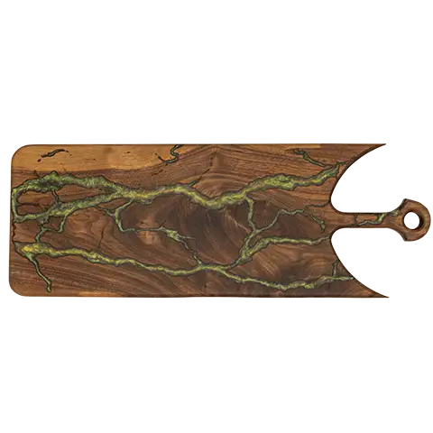 Rectangular walnut charcuterie board with a fractal burn pattern filled with food-safe epoxy inlay.