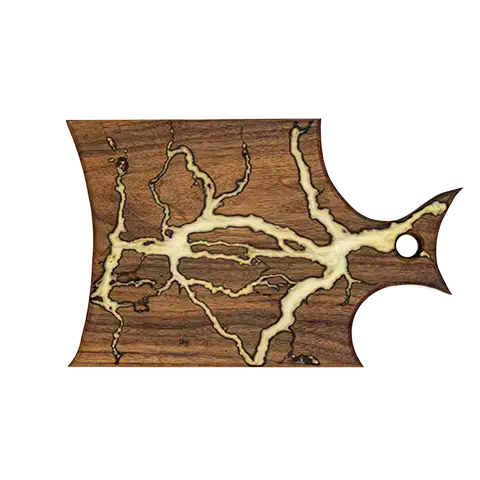 Handle-style walnut charcuterie board with a off white fractal burn pattern inlaid with food-safe epoxy.