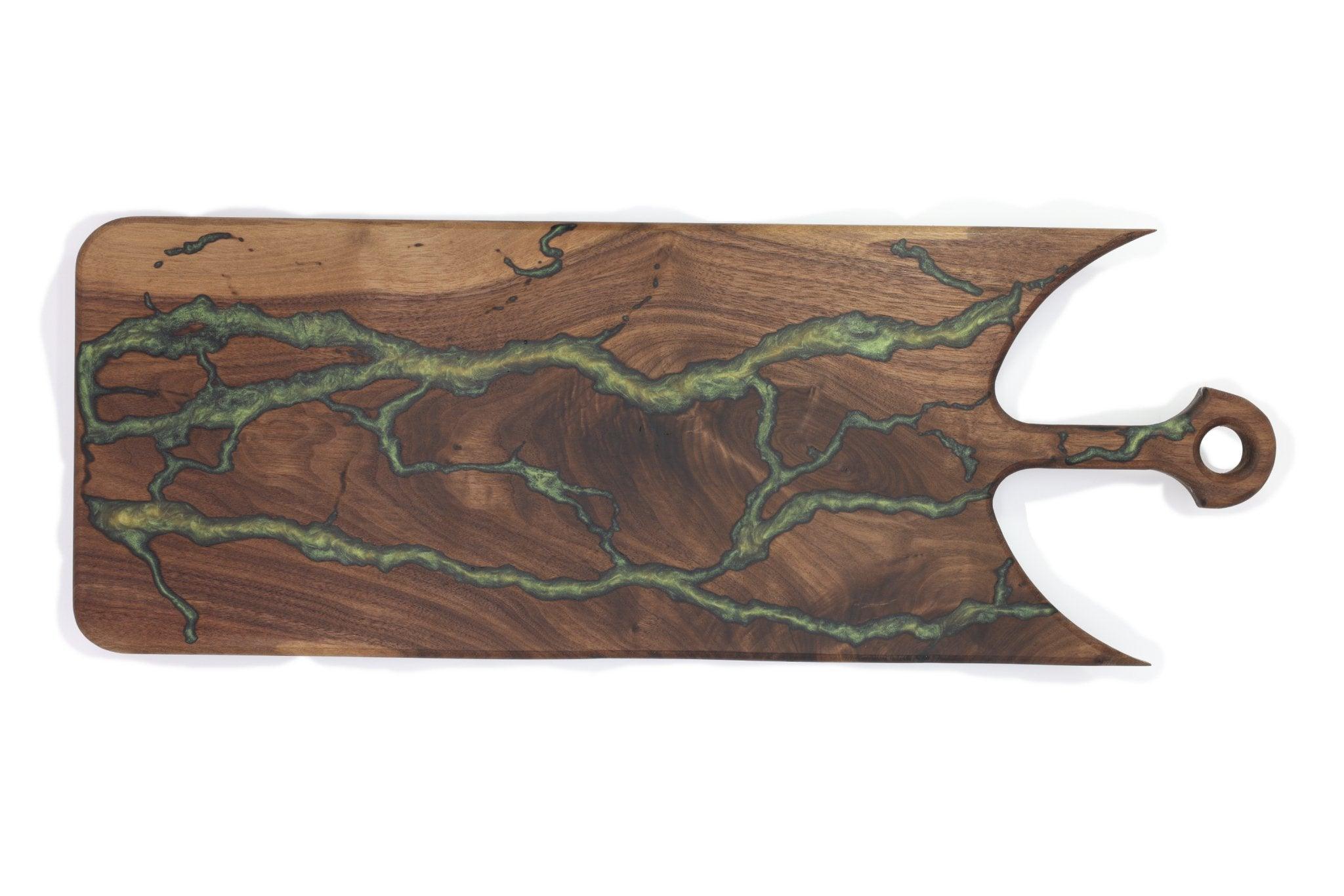 Trident Black Walnut Charcuterie Board: Unique Shape, Fractal Burn, Custom Epoxy Fill